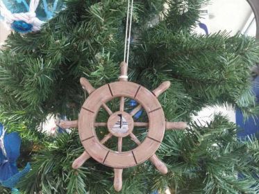 Rustic Wood Finish Decorative Ship Wheel With Sailboat Christmas Tree Ornament 6""