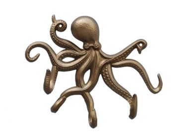 Antique Brass Octopus with Tentacle Hooks 11""