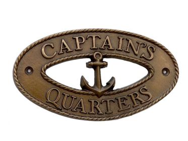 Antique Brass Captains Quarters Oval Sign with Anchor 8&quot;