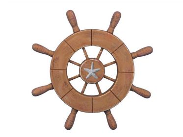 Rustic Wood Finish Decorative Ship Wheel With Starfish 9""