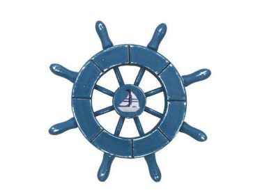 Rustic Light Blue Decorative Ship Wheel With Sailboat 6&quot;