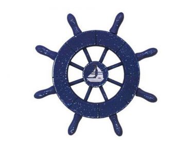 Rustic Dark Blue Decorative Ship Wheel With Sailboat 6&quot;