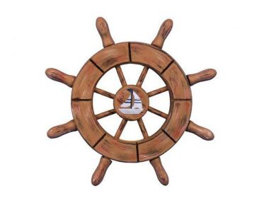 Rustic Wood Finish Decorative Ship Wheel With Sailboat 6&quot;