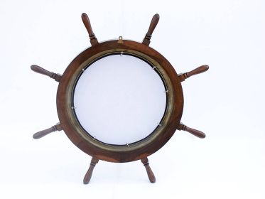 Deluxe Class Wood and Antique Brass Ship Wheel Porthole Mirror 36""