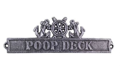 Antique Silver Cast Iron Poop Deck Sign with Ship Wheel and Anchors 9""