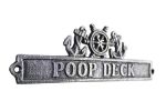 Antique Silver Cast Iron Poop Deck Sign with Ship Wheel and Anchors 9""