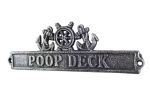 Antique Silver Cast Iron Poop Deck Sign with Ship Wheel and Anchors 9""