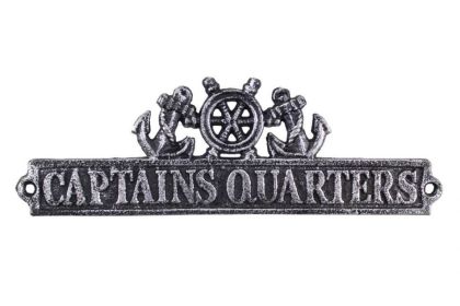 Antique Silver Cast Iron Captains Quarters Sign with Ship Wheel and Anchors 9""