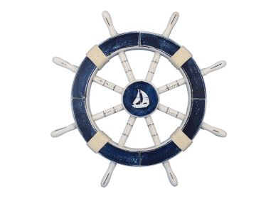 Rustic Dark Blue Decorative Ship Wheel with Sailboat 18""