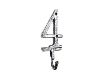 Rustic Silver Cast Iron Number 4 Wall Hook 6""