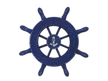 Rustic Dark Blue Decorative Ship Wheel With Anchor 6""