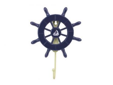 Dark Blue Decorative Ship Wheel with Sailboat and Hook 8&quot;