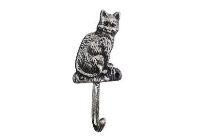 Rustic Silver Cast Iron Cat Hook 7""