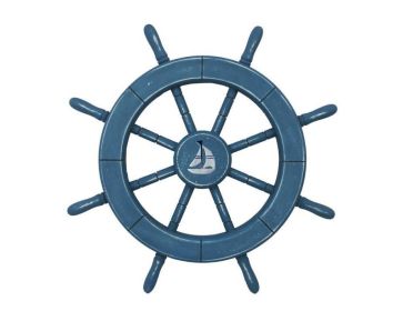 Rustic All Light Blue Decorative Ship Wheel With Sailboat 18""