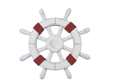 Rustic White Decorative Ship Wheel with Red Rope and Seashell 12&quot;