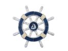 Rustic Dark Blue And White Decorative Ship Wheel With Sailboat 12""