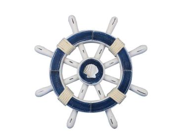 Rustic Dark Blue And White Decorative Ship Wheel With Seashell 12""