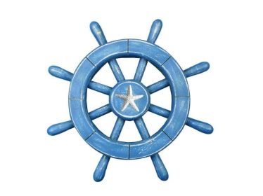 Rustic All Light Blue Decorative Ship Wheel With Starfish 12""