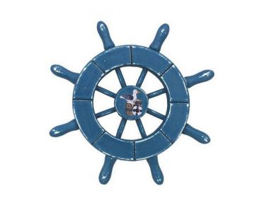 Rustic Light Blue Decorative Ship Wheel With Seagull 6&quot;