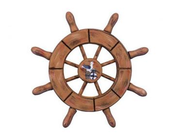 Rustic Wood Finish Decorative Ship Wheel With Seagull 6&quot;