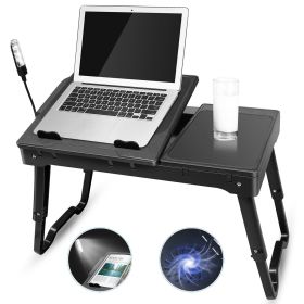 Foldable Laptop Table Bed Notebook Desk with Cooling Fan Mouse Board LED light 4 xUSB Ports Breakfast Snacking Tray (Color: black)