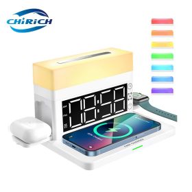 6 In 1 15W Wireless Charger for IPhone 14 13 Xiaomi AirPods IWatch Charger Station Bedside Alarm Clock Desk Lamp Charging (Color: White)