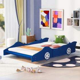 Full Size Race Car-Shaped Platform Bed with Wheels (Color: Blue)