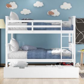 Full over Full Bunk Bed with Twin Size Trundle and Ladder (Color: White)