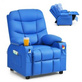 PU Leather Kids Recliner Chair with Cup Holders and Side Pockets (Color: Blue)