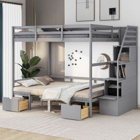 Full over Full Size Bunk Bed with staircase; the Down Bed can be Convertible to Seats and Table Set (Color: Grey)