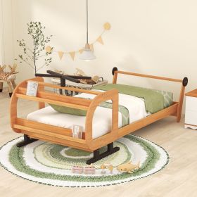 Twin Size Plane Shaped Platform Bed with Rotatable Propeller and Shelves (Color: Natural)