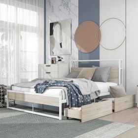 Full Size Metal Platform Bed Frame with  Two Drawers; Sockets and USB Ports ; Slat Support No Box Spring Needed (Color: White)