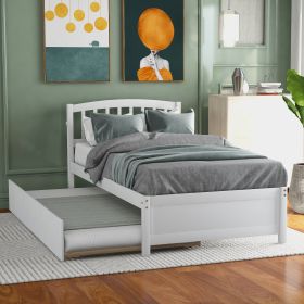 Twin size Platform Bed Wood Bed Frame with Trundle (Color: White)