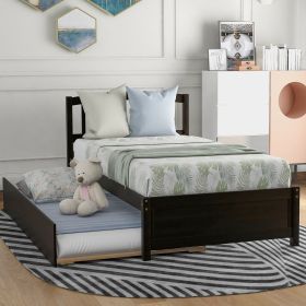 Twin size Platform Bed Wood Bed Frame with Trundle (Color: espresso)