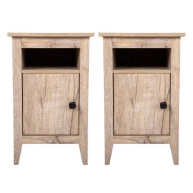 Set of 2 Wood Side Table, Narrow End Table with Cabinet and Shelf, 2-Tier Nightstand for Small Space (Color: oak)